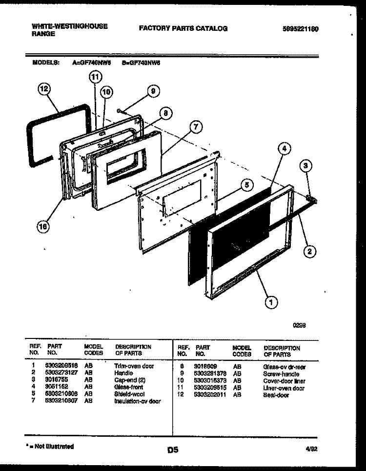 DOOR PARTS Diagram and Parts List for GF740ND5  Frigidaire Range