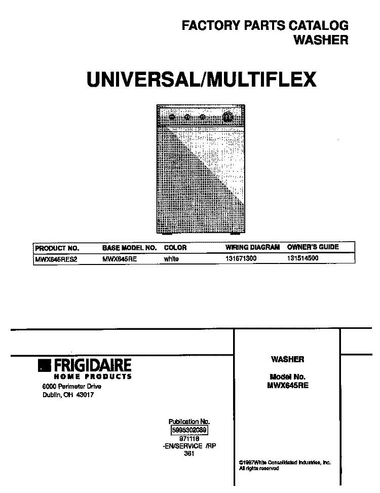 COVER Diagram and Parts List for MWX645RES2  Frigidaire Washer