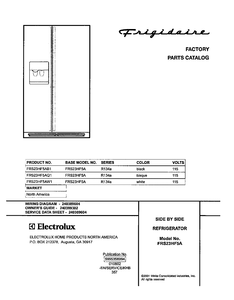 COVER Diagram and Parts List for FRS23HF5AQ1  Frigidaire Refrigerator