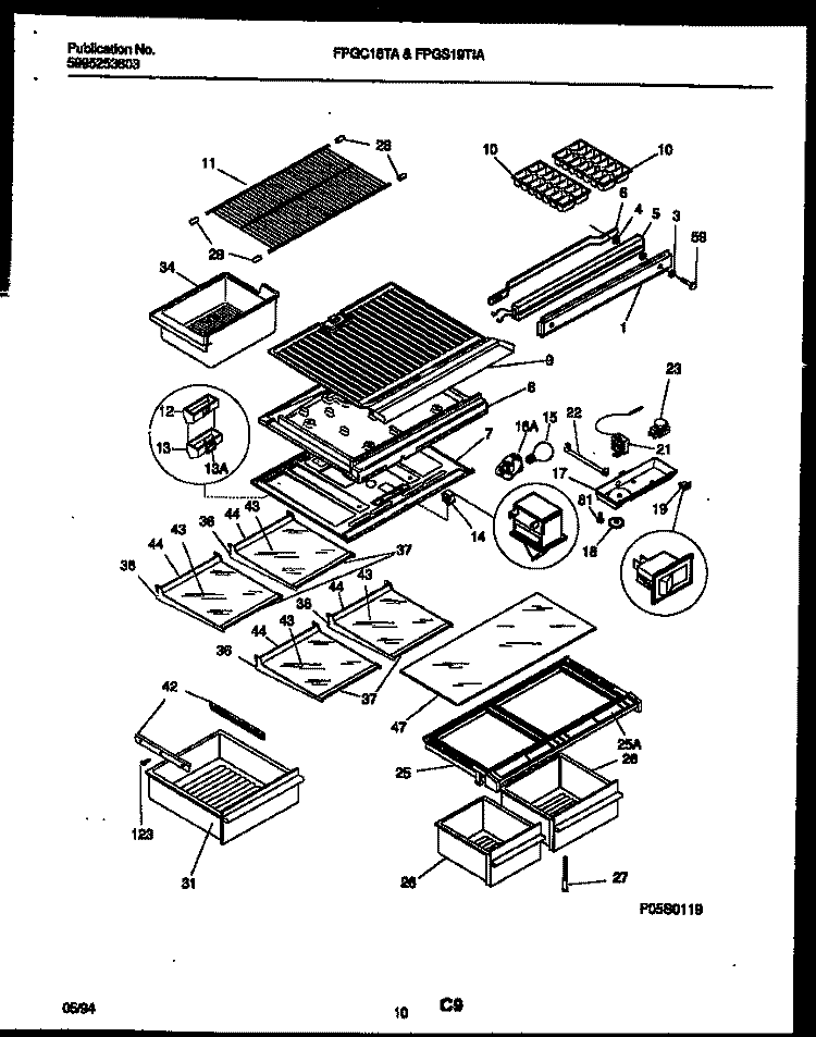 SHELVES AND SUPPORTS Diagram and Parts List for FPGS19TIAL1  Frigidaire Refrigerator