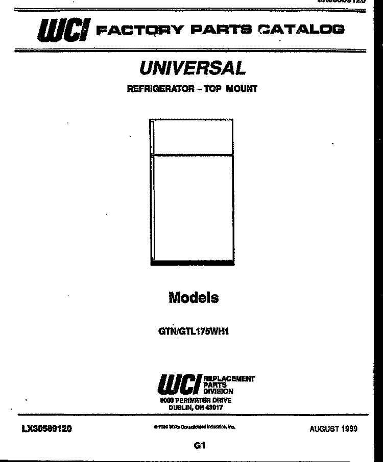 COVER Diagram and Parts List for GTL175WV1  Uni Refrigerator