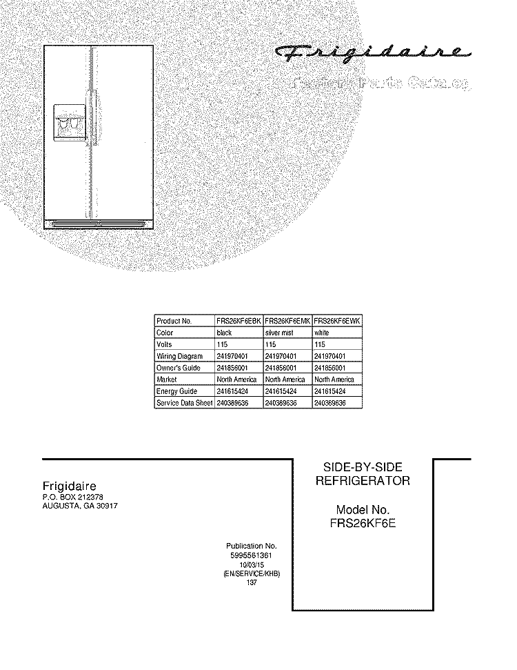 COVER Diagram and Parts List for FRS26KF6EMK  Frigidaire Refrigerator