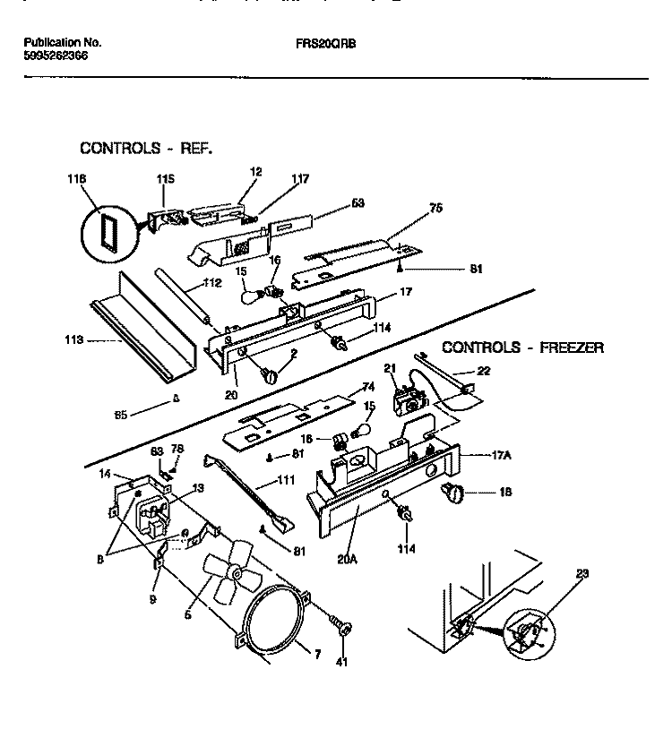 CONTROLS, DAMPER, FAN SECTION Diagram and Parts List for FRS20QRBW1  Frigidaire Refrigerator