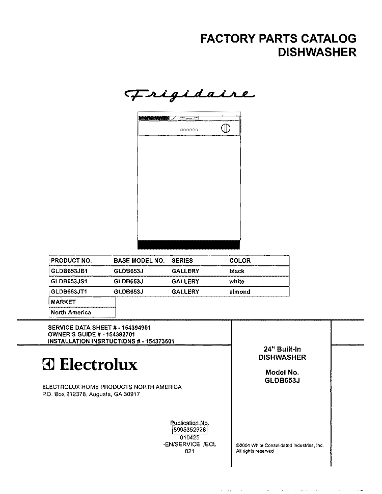 COVER Diagram and Parts List for GLDB653JS1  Frigidaire Dishwasher