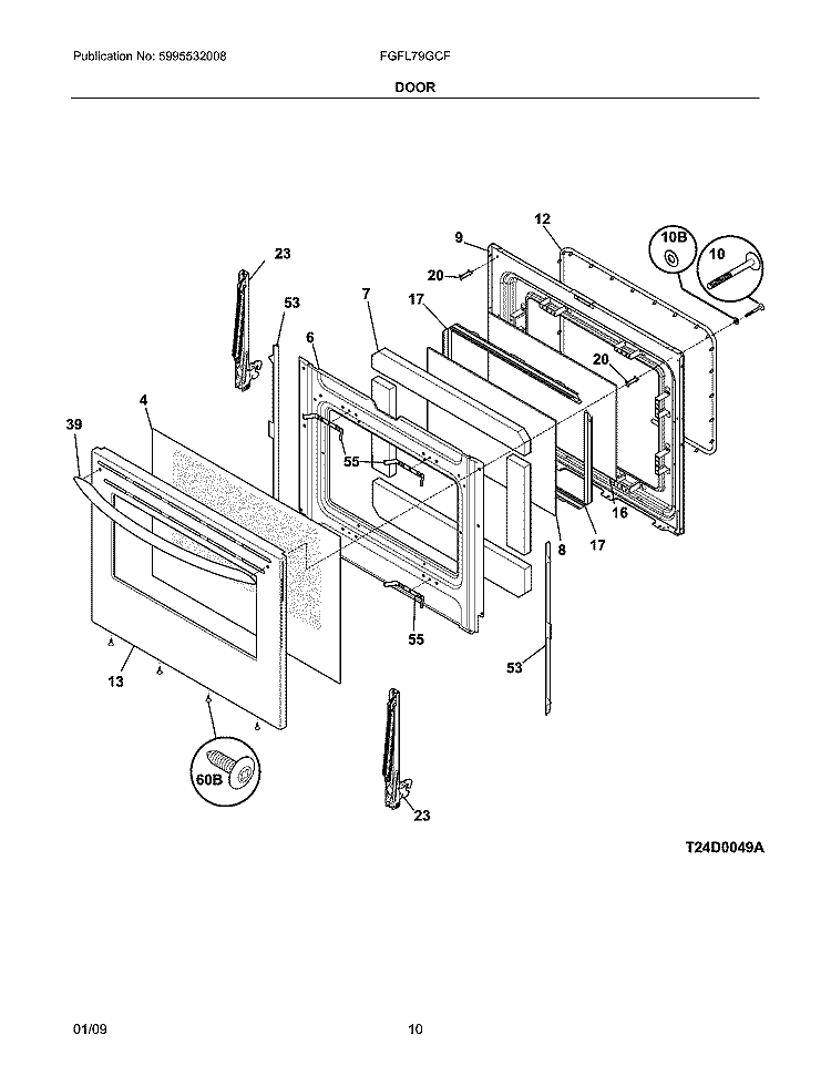 DOOR Diagram and Parts List for FGFL79GCF  Frigidaire Range