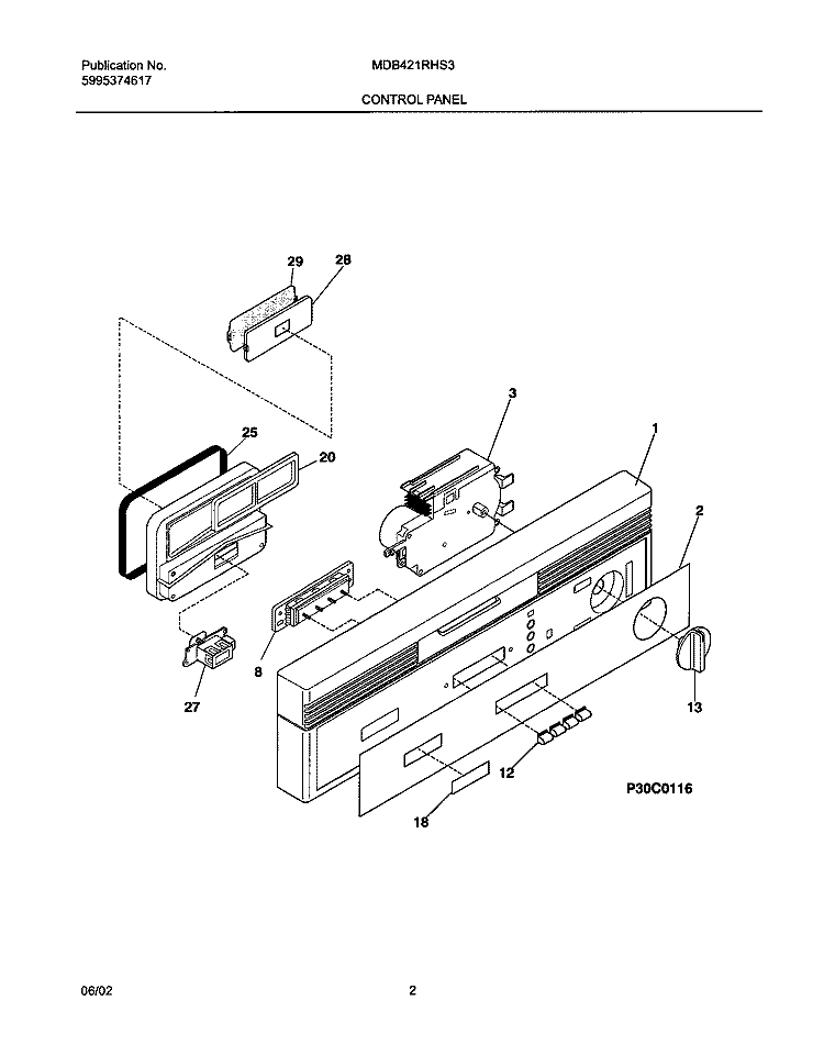 CONTROL PANEL Diagram and Parts List for MDB421RHS3  Westinghouse Dishwasher