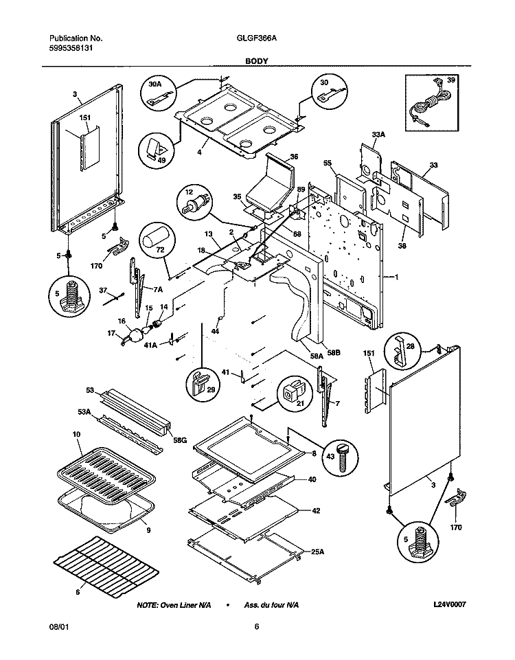 BODY Diagram and Parts List for GLGF366AQB  Frigidaire Range