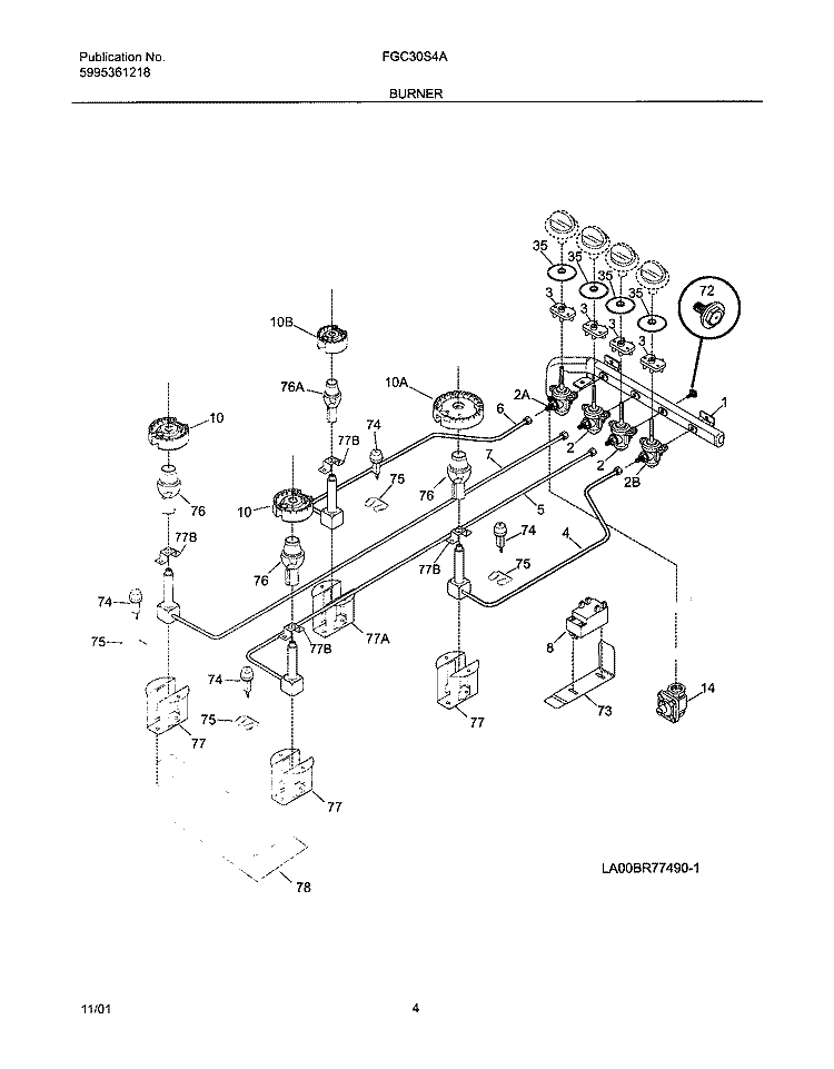 BURNER Diagram and Parts List for FGC30S4AQA  Frigidaire Cooktop