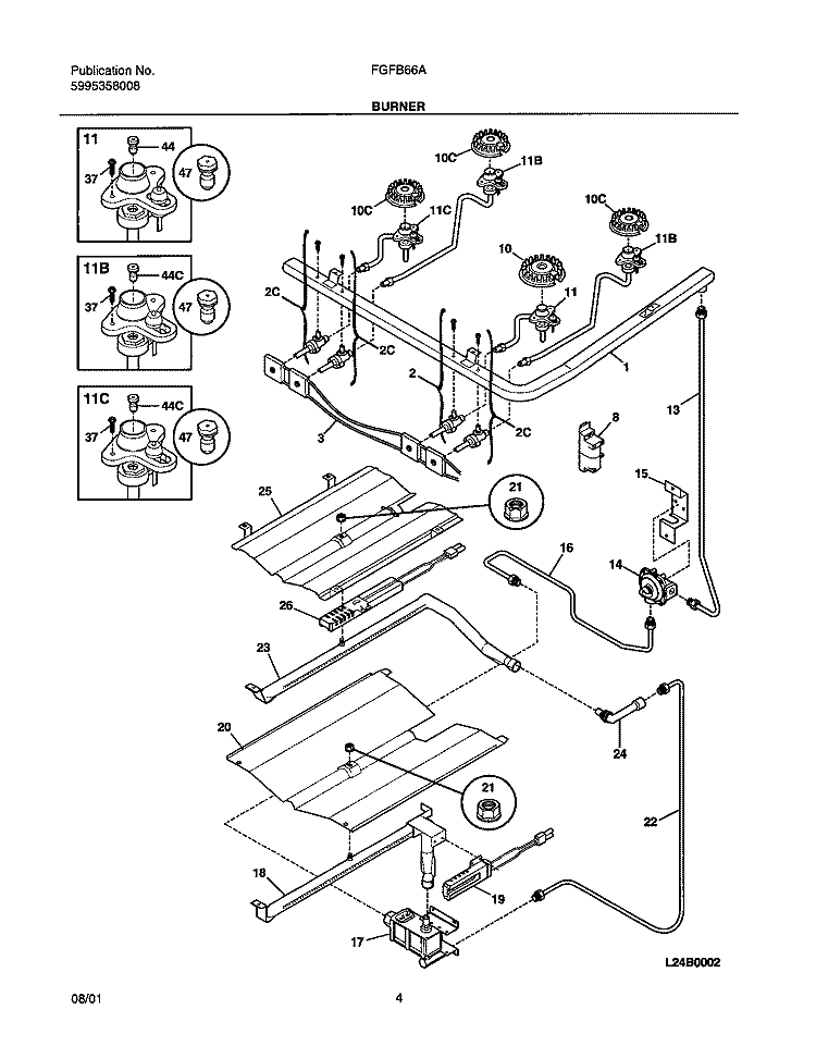 BURNER Diagram and Parts List for FGFB66ASB  Frigidaire Range