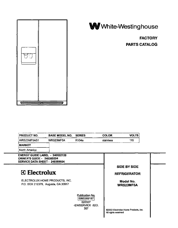COVER Diagram and Parts List for WRS23MF5AS1  Westinghouse Refrigerator