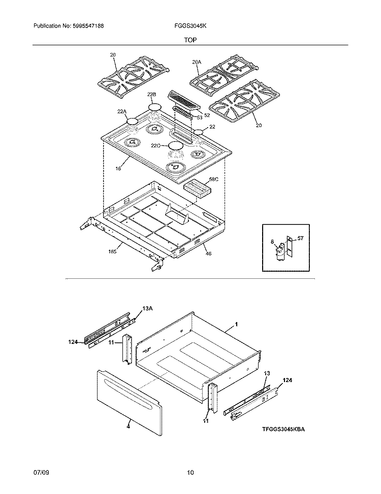 TOP/DRAWER Diagram and Parts List for FGGS3045KWA  Frigidaire Range