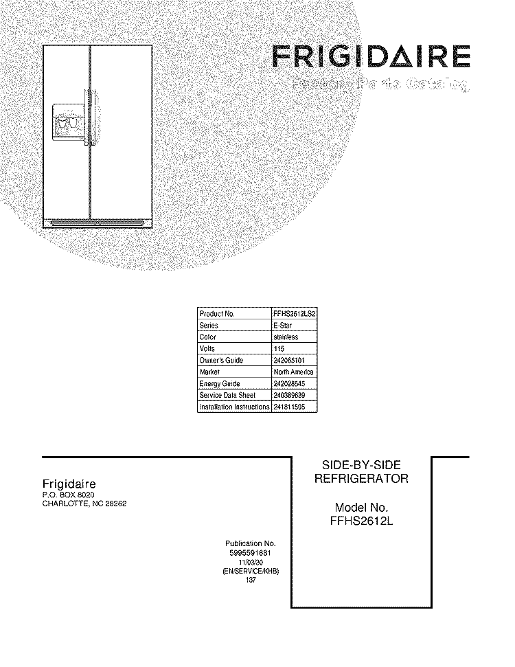 Cover Diagram and Parts List for FFHS2612LS2  Frigidaire Refrigerator