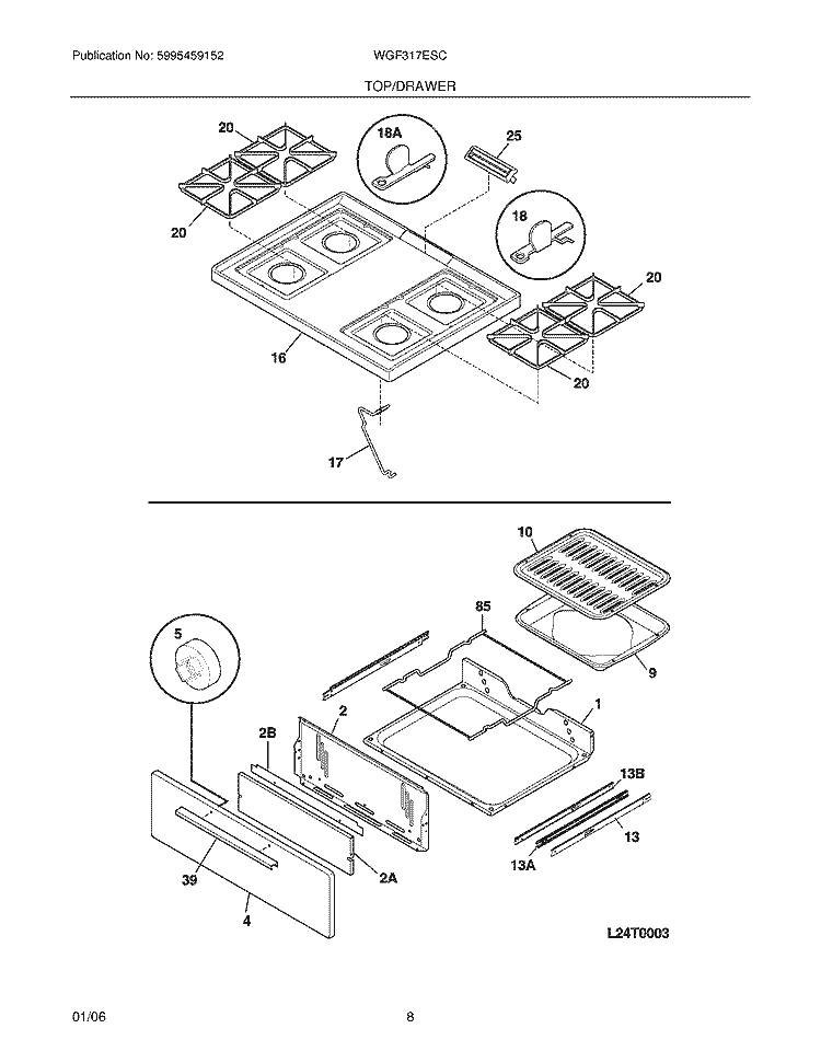 TOP / DRAWER Diagram and Parts List for WGF317ESC  Westinghouse Range