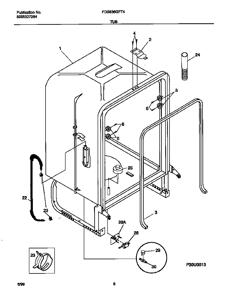 TUB Diagram and Parts List for FDB836GFT4  Frigidaire Dishwasher
