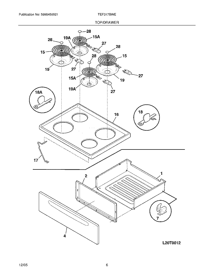 TOP / DRAWER Diagram and Parts List for TEF317BWE  Tappan Range
