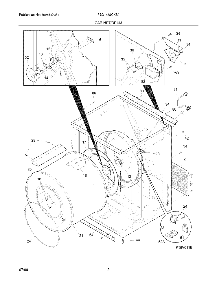 CABINET/DRUM Diagram and Parts List for FEQ1452CKS0  Frigidaire Dryer