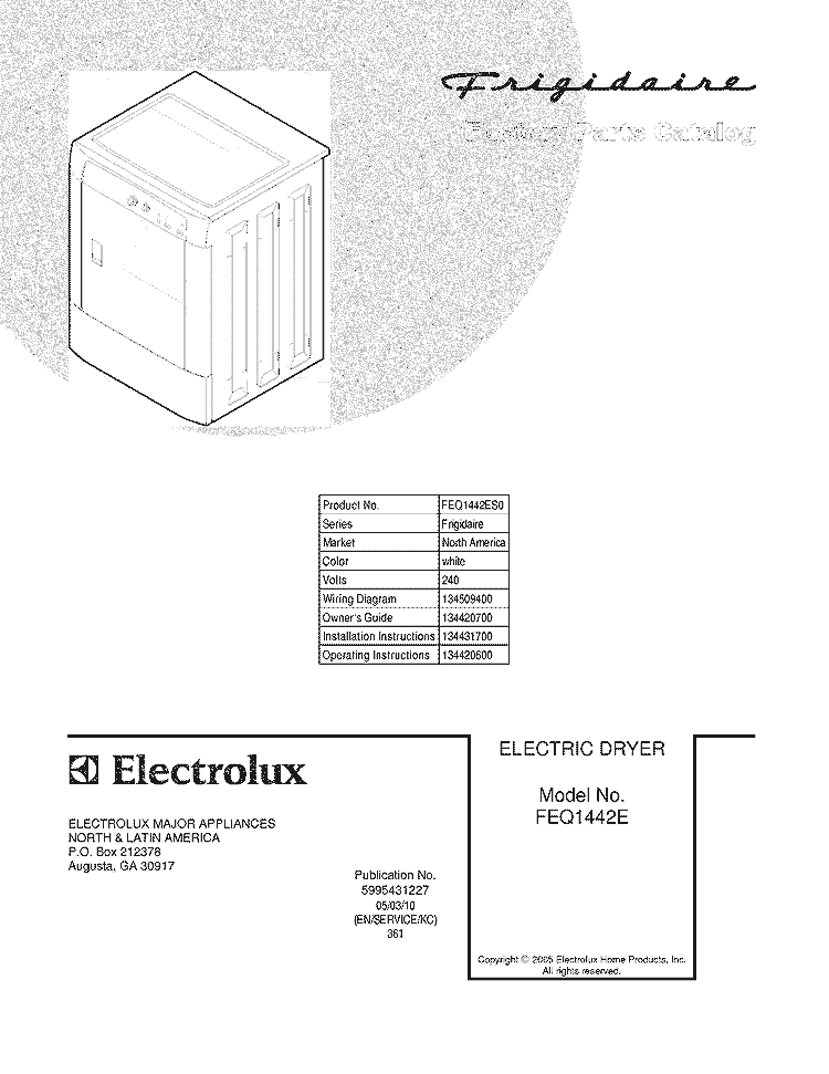 COVER Diagram and Parts List for FEQ1442ES0  Frigidaire Dryer