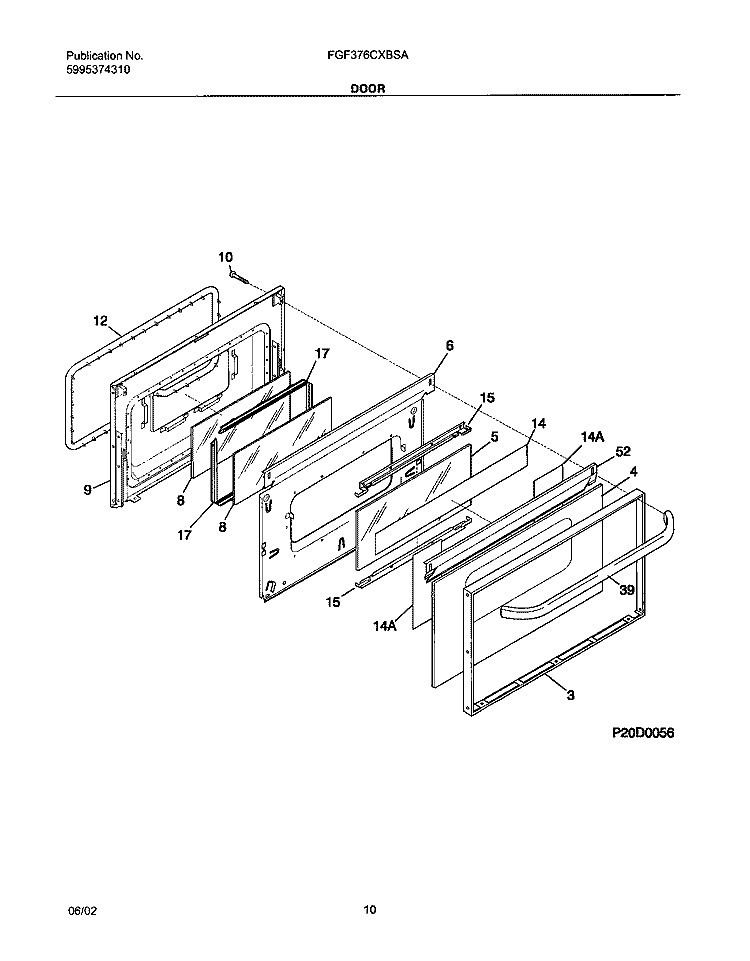 DOOR Diagram and Parts List for FGF376CXBSA  Frigidaire Range