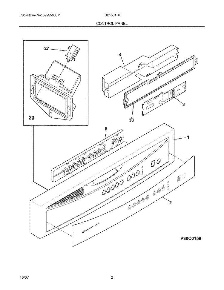 CONTROL PANEL Diagram and Parts List for FDB1504RGQ0  Frigidaire Dishwasher