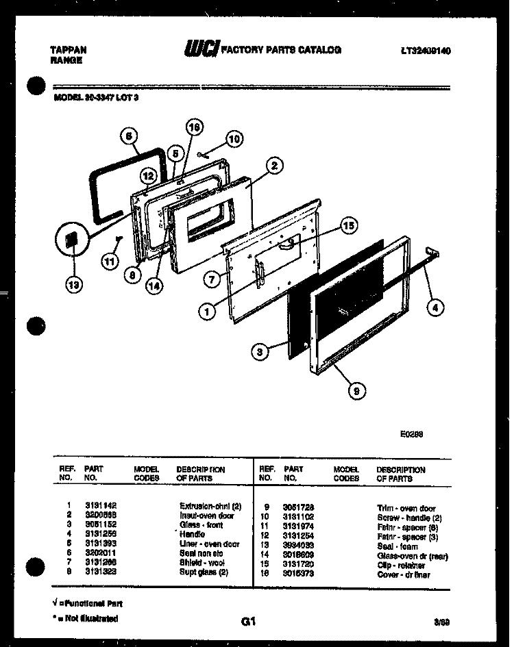 DOOR PARTS Diagram and Parts List for 30-3347-00-03  Tappan Range