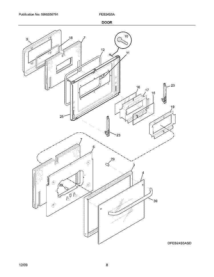 DOOR Diagram and Parts List for FEB24S5ABF  Frigidaire Wall Oven