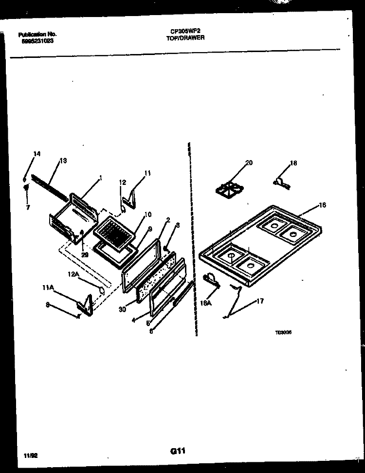 COOKTOP AND BROILER DRAWER PARTS Diagram and Parts List for CP305WP2W1  Frigidaire Range