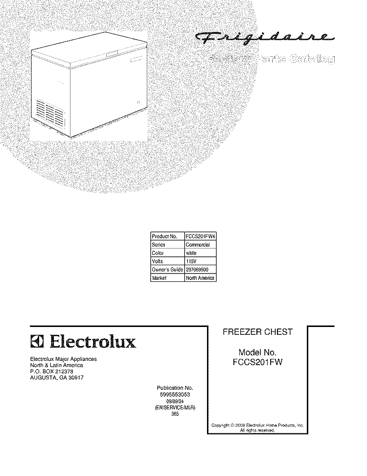 COVER Diagram and Parts List for FCCS201FW4  Frigidaire Freezer
