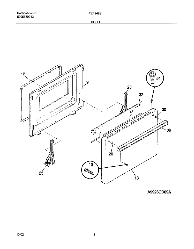 DOOR Diagram and Parts List for TEF242BW1  Tappan Range