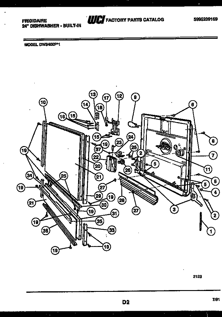 DOOR PARTS Diagram and Parts List for DW3400PW1  Frigidaire Dishwasher