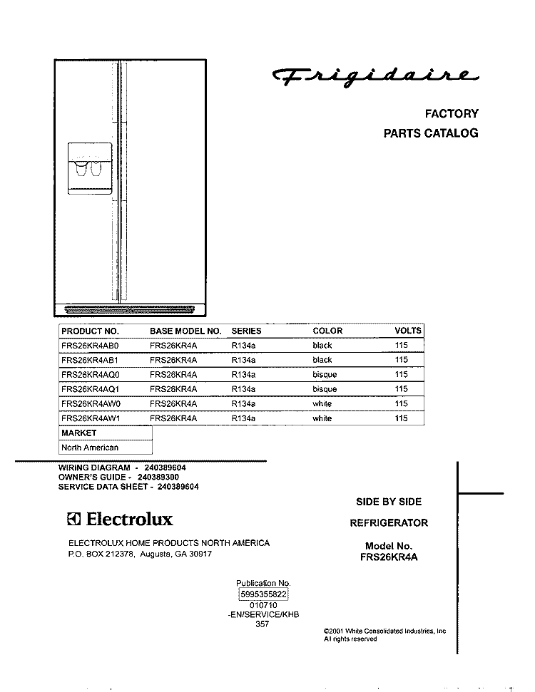 COVER Diagram and Parts List for FRS26KR4AB1  Frigidaire Refrigerator