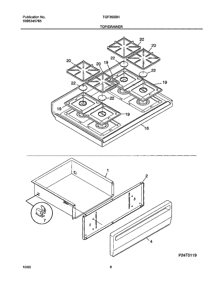 TOP / DRAWER Diagram and Parts List for TGF355BHDF  Tappan Range