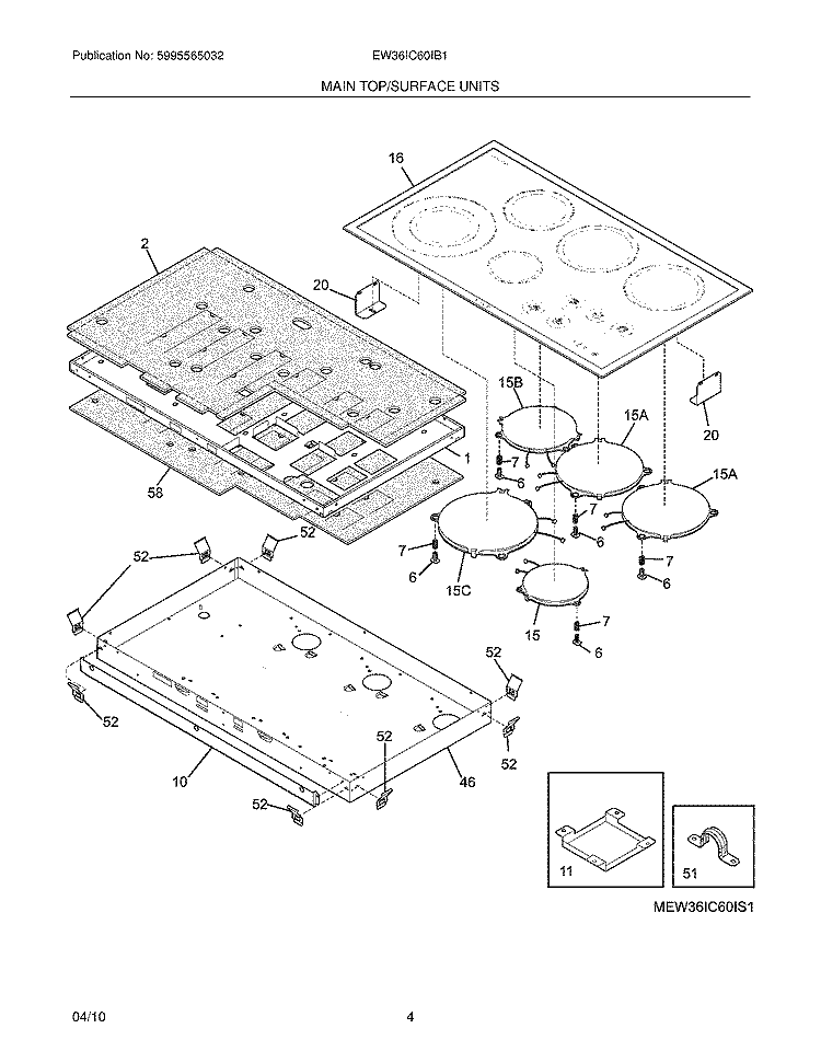 MAINTOP/SURFACE UNITS Diagram and Parts List for EW36IC60IB1  Electrolux Cooktop