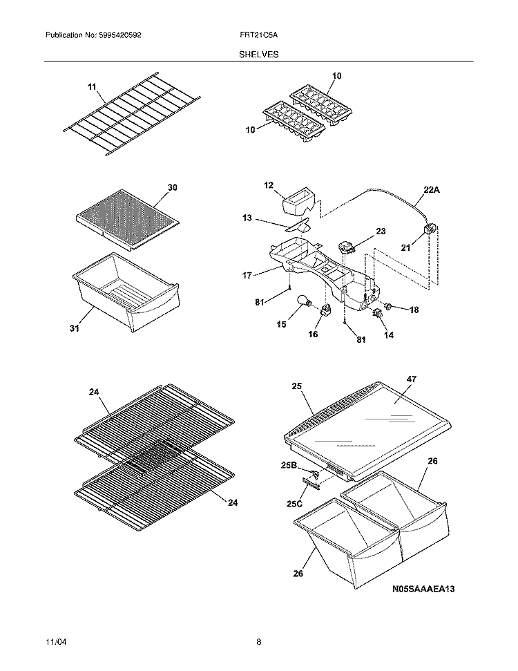 SHELVES Diagram and Parts List for FRT21C5AQA  Frigidaire Refrigerator