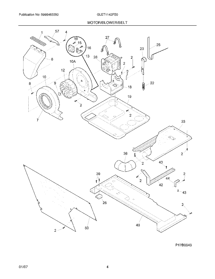 MOTOR / BLOWER / BELT Diagram and Parts List for GLET1142FS0  Frigidaire Washer Dryer Combo