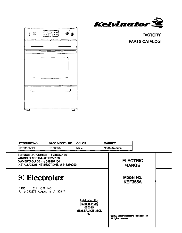 COVER Diagram and Parts List for KEF355ASC  Kelvinator Range