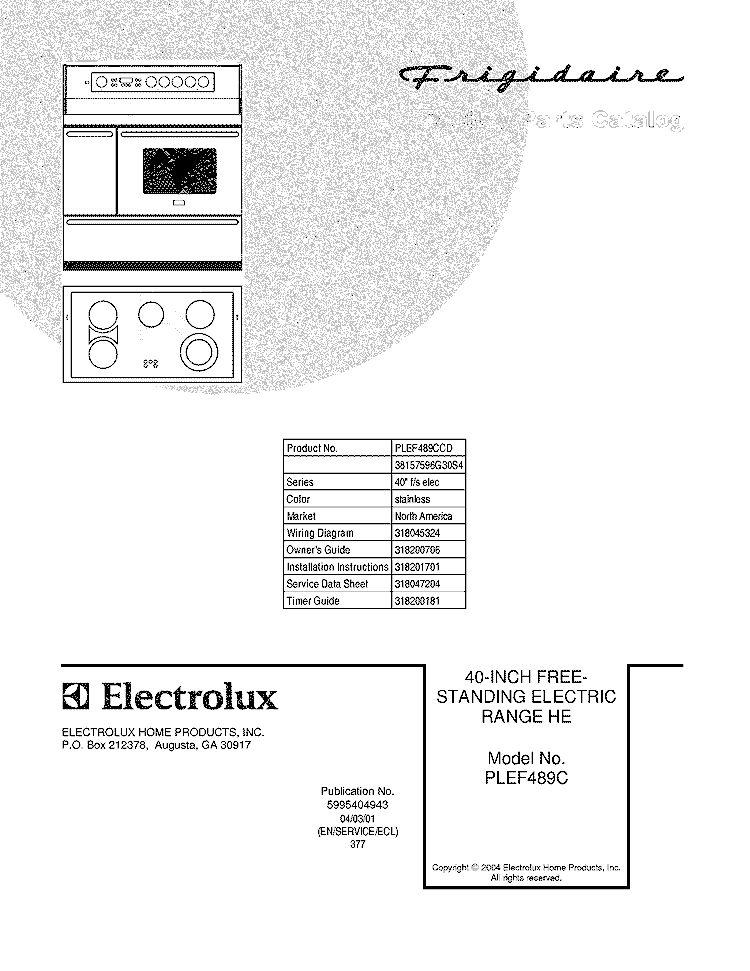 COVER Diagram and Parts List for PLEF489CCD  Frigidaire Range