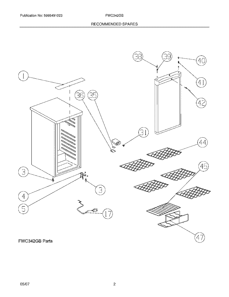 RECOMMENDED SPARE PARTS Diagram and Parts List for FWC342GB  Frigidaire Wine and Beverage Cooler