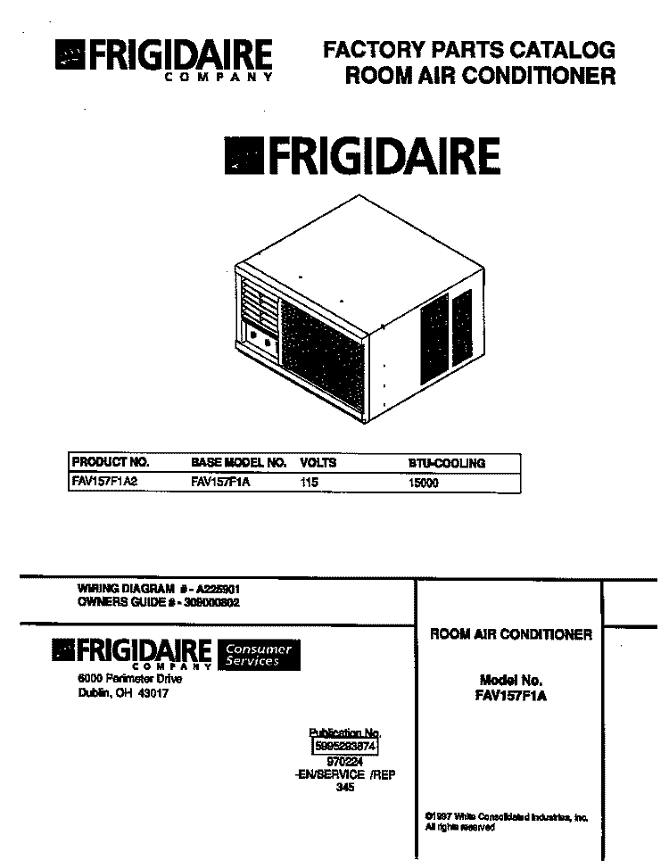 COVER Diagram and Parts List for FAV157F1A2  Frigidaire Air Conditioner
