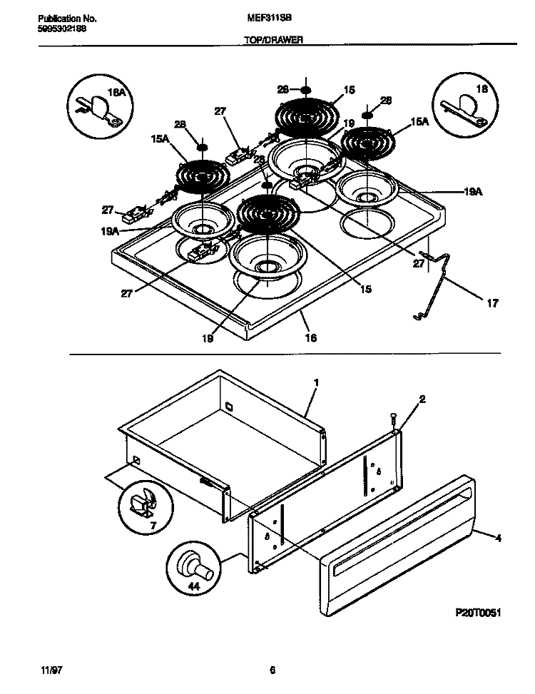 TOP / DRAWER Diagram and Parts List for MEF311SBWH  Frigidaire Range