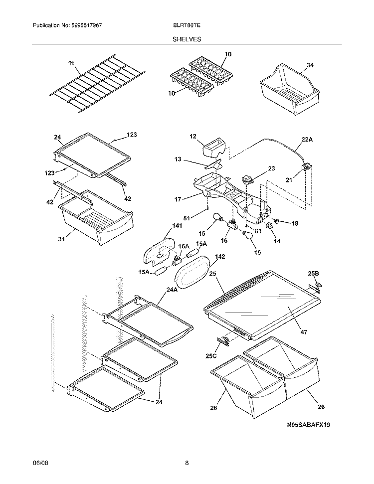 SHELVES Diagram and Parts List for BLRT86TEBA  Frigidaire Refrigerator