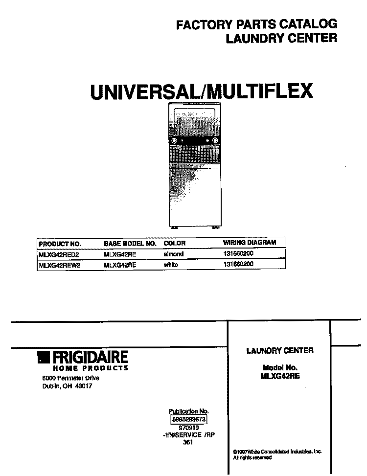 COVER Diagram and Parts List for MLXG42REW2  Frigidaire Washer Dryer Combo