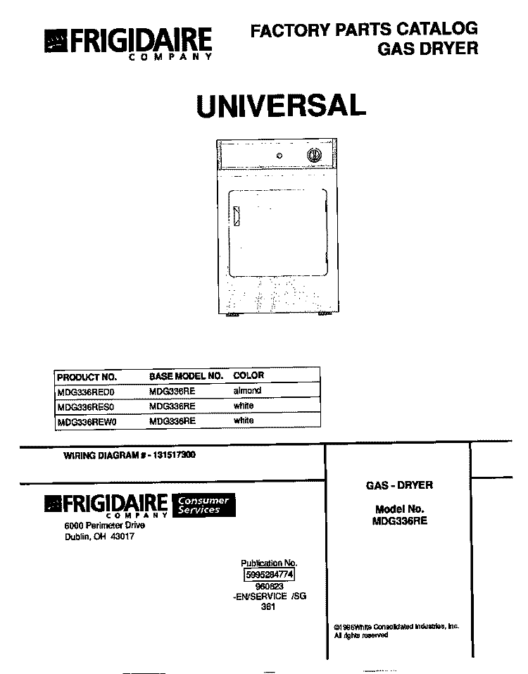 COVER Diagram and Parts List for MDG336RES0  Frigidaire Dryer