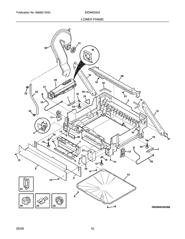 LOWER FRAME Diagram and Parts List for EIDW6305GB1  Electrolux Dishwasher