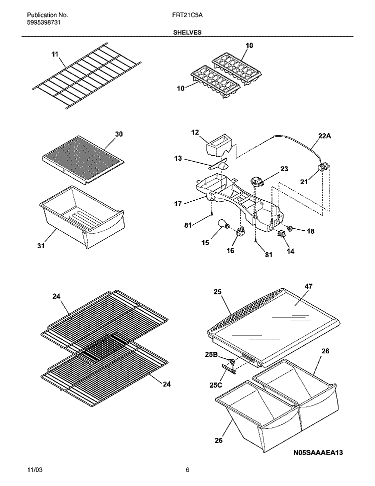 SHELVES Diagram and Parts List for FRT21C5AQ7  Frigidaire Refrigerator