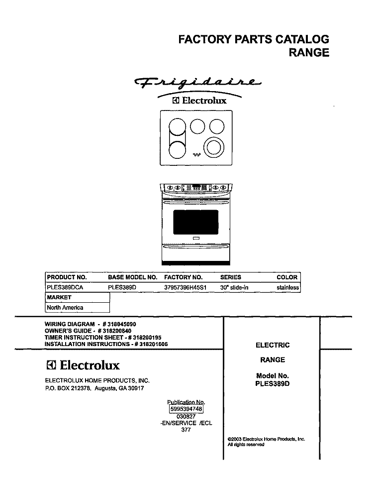 COVER Diagram and Parts List for PLES389DCA  Frigidaire Range