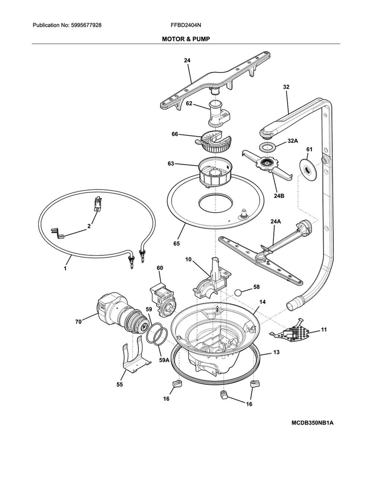 Motor & Pump Diagram and Parts List for FFBD2404NS8C  Frigidaire Dishwasher