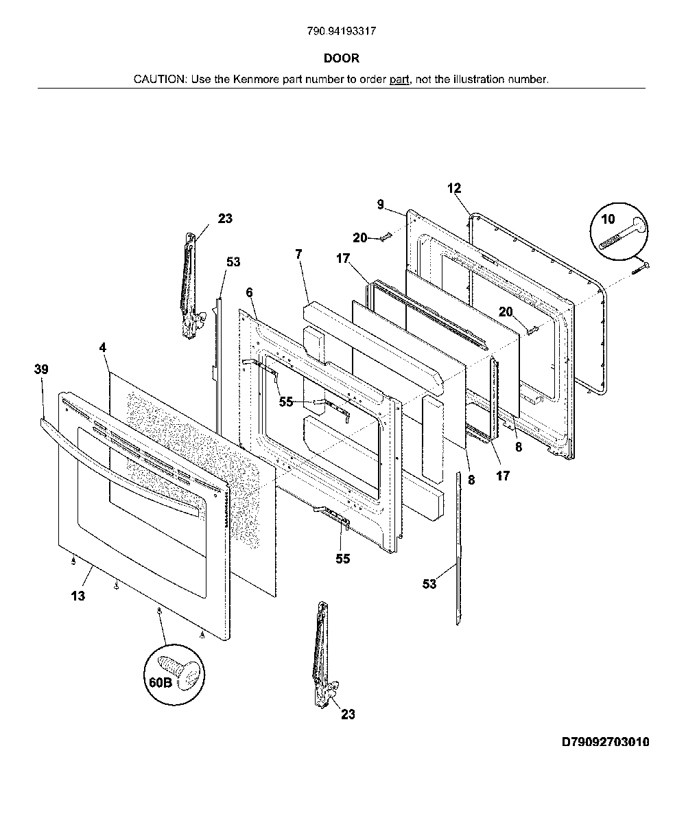 Door Diagram and Parts List for 79094193317  Kenmore Range