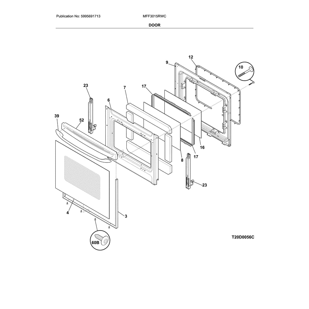 Door Diagram and Parts List for MFF3015RWC  Frigidaire Range