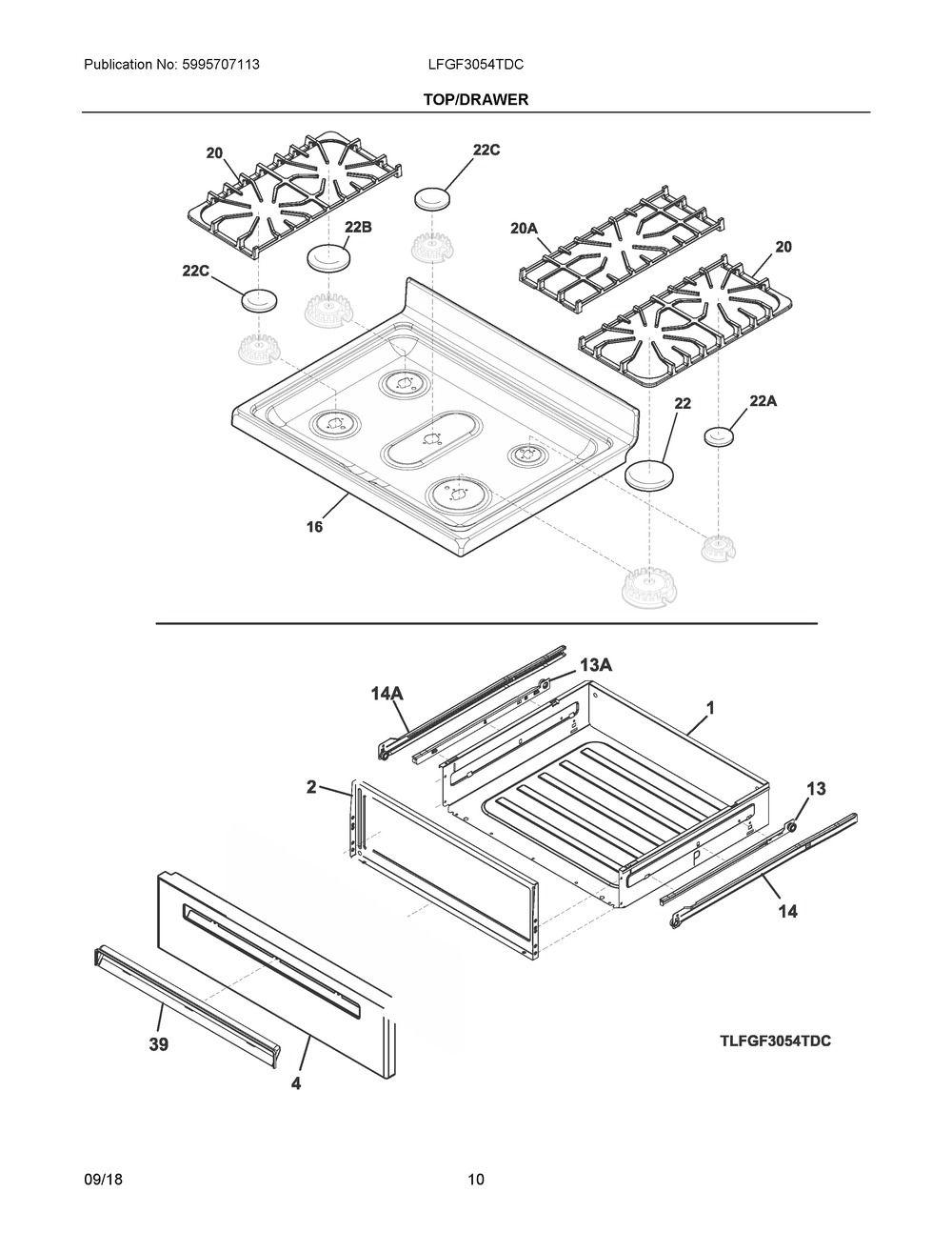 Top/drawer Diagram and Parts List for LFGF3054TDC  Frigidaire Range