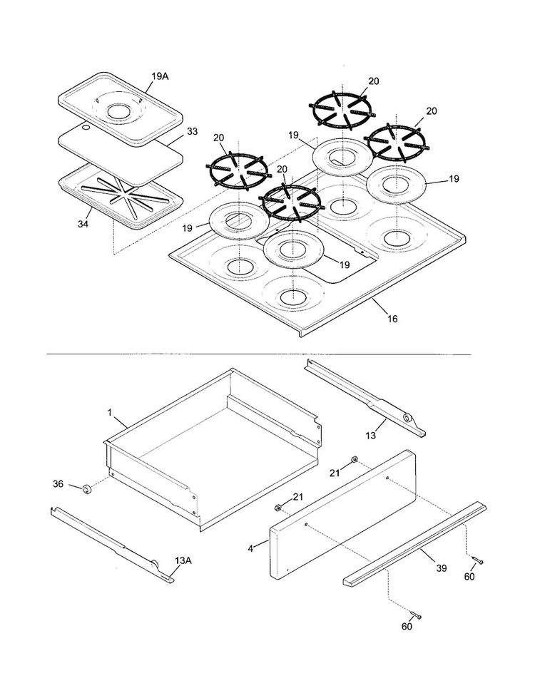 Top/drawer Diagram and Parts List for TGF657BFB3  Tappan Range